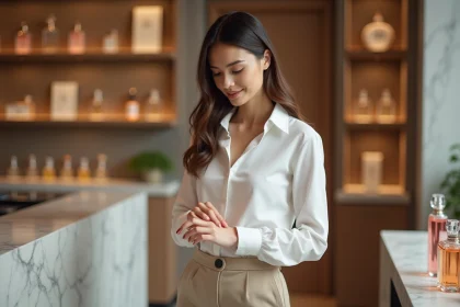 Femme élégante testant un parfum dans une boutique moderne