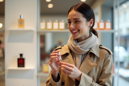 Femme souriante examinant un échantillon de parfum dans un magasin