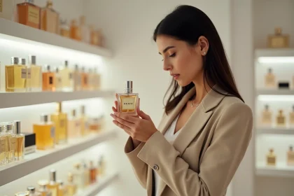 Femme examinant un flacon de parfum de grande marque dans une boutique moderne et élégante