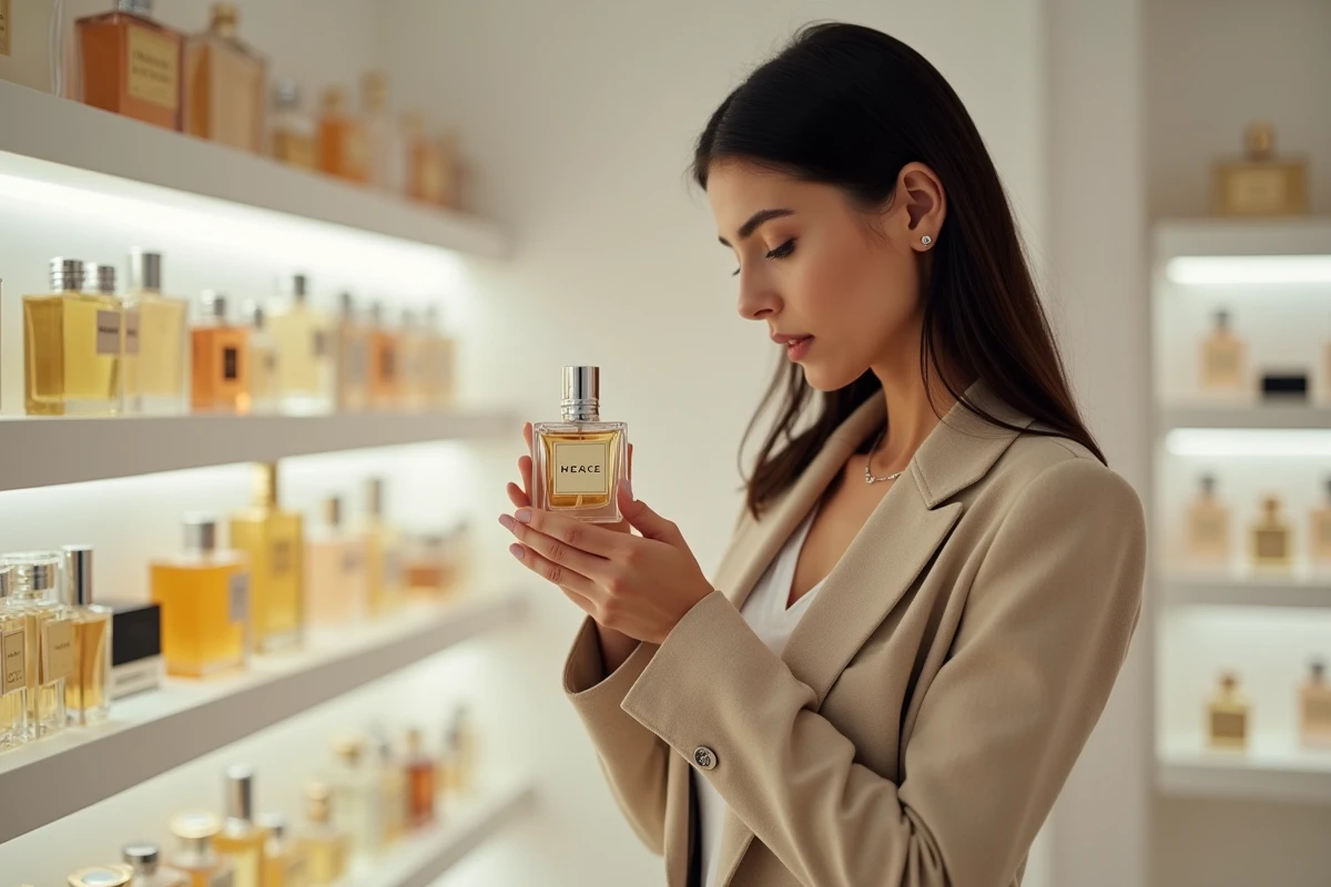 Femme examinant un flacon de parfum de grande marque dans une boutique moderne et élégante