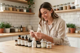 Femme examinant des produits naturels Zaturelle de qualité sur une table en bois dans une cuisine moderne