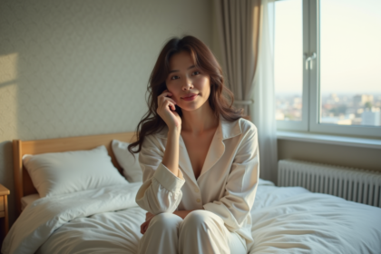 Femme en pyjama au réveil dans une chambre lumineuse