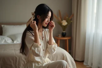 Femme en train de nouer un kardoune dans un cadre intime