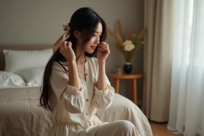 Femme en train de nouer un kardoune dans un cadre intime