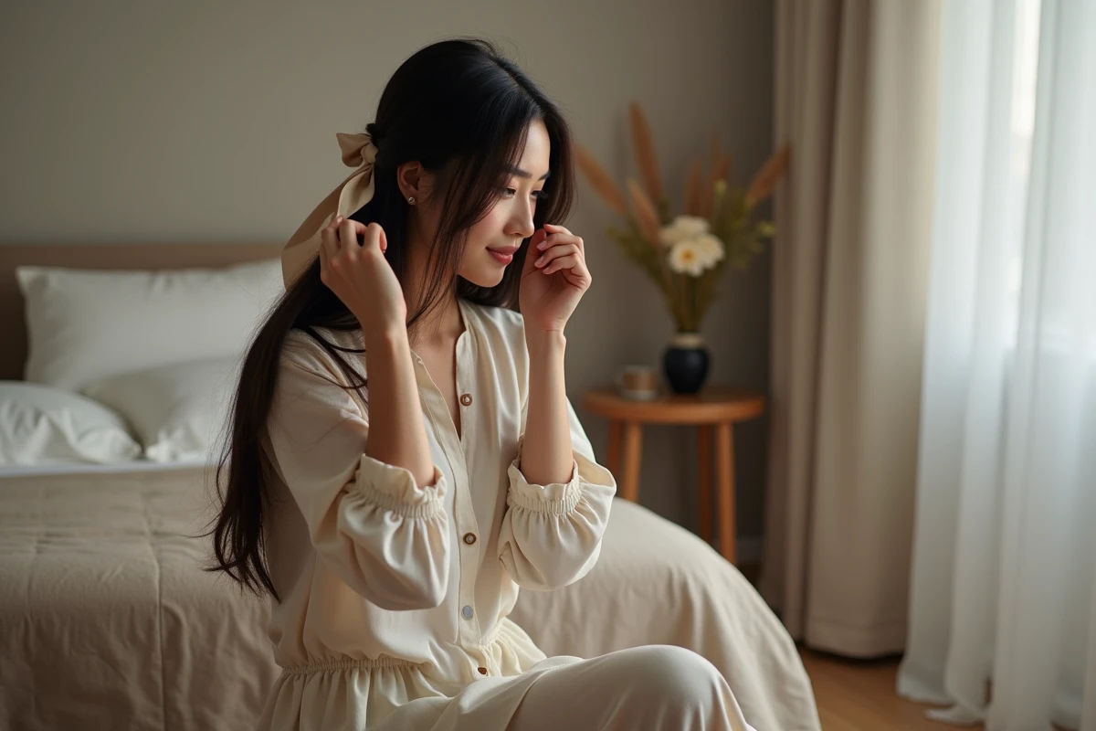 Femme en train de nouer un kardoune dans un cadre intime