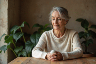 Femme sereine tenant une pierre douce dans un intérieur chaleureux