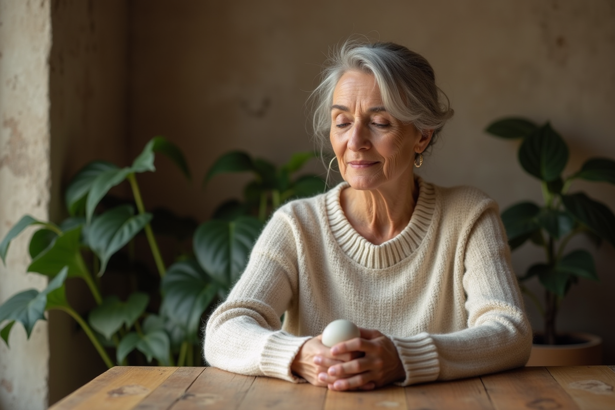 Femme sereine tenant une pierre douce dans un intérieur chaleureux