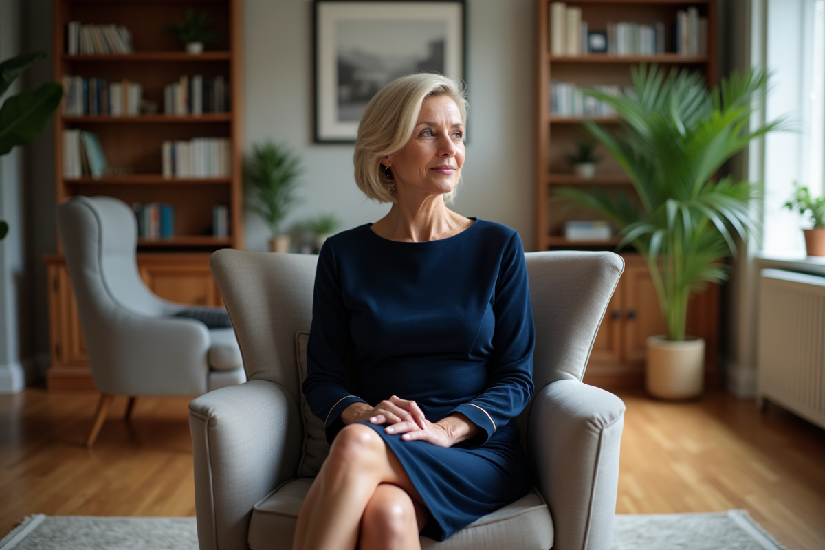 Femme confiante en robe navy dans un salon moderne