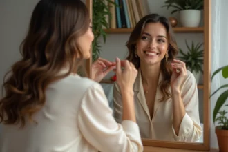 Femme confiante se maquillant dans un miroir lumineux