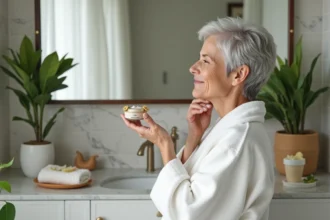 Femme souriante appliquant une creme aux plantes sur le visage