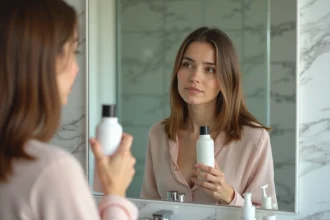 Jeune femme se regardant dans le miroir en tenant un spray capillaire