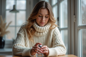 Femme appliquant vernis à ongles dans une ambiance hivernale
