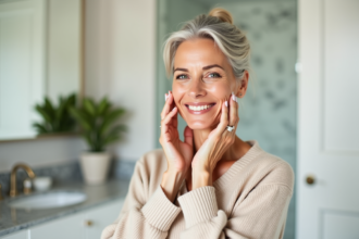 Femme d'une cinquantaine appliquant sa creme visage