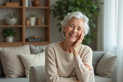 Femme souriante en intérieur pour l article sur le bien-être