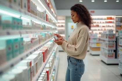 Jeune femme examine produits de soin en pharmacie