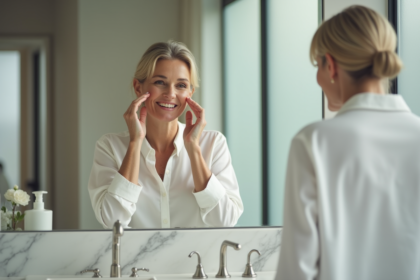 Femme appliquant une creme visage dans la salle de bain