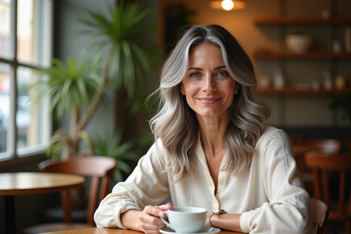 Femme de 40 ans assumant sa transition cheveux gris naturel sel et poivre dans un café parisien