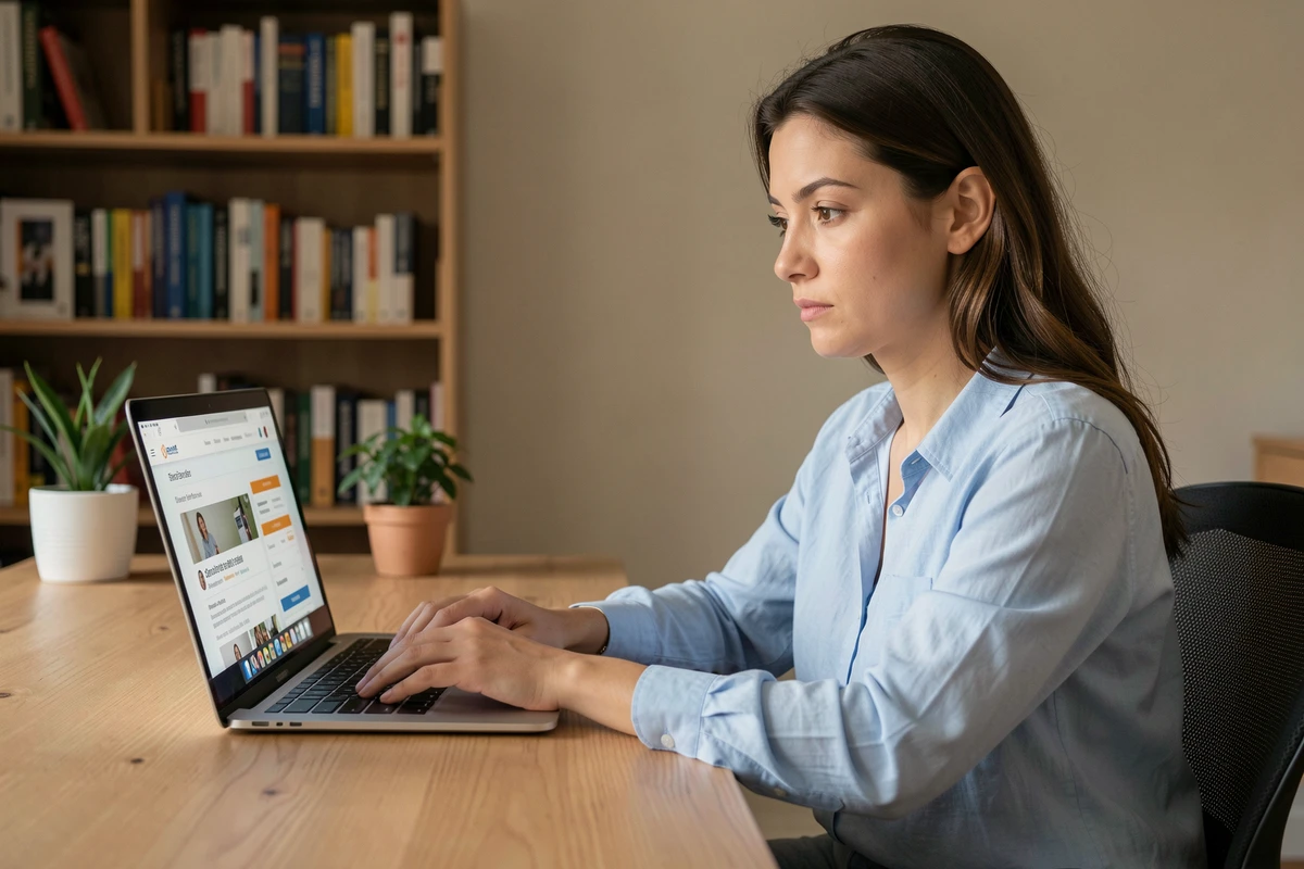 Femme consultant un site de vente au personnel L'Oréal sur son ordinateur portable depuis son bureau à domicile