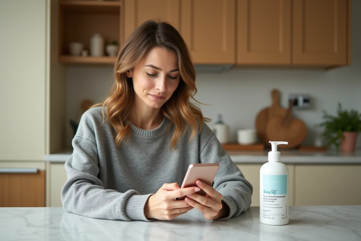 Femme consultant l'application Yuka sur son téléphone pour analyser un produit La Provençale Bio dans une cuisine moderne