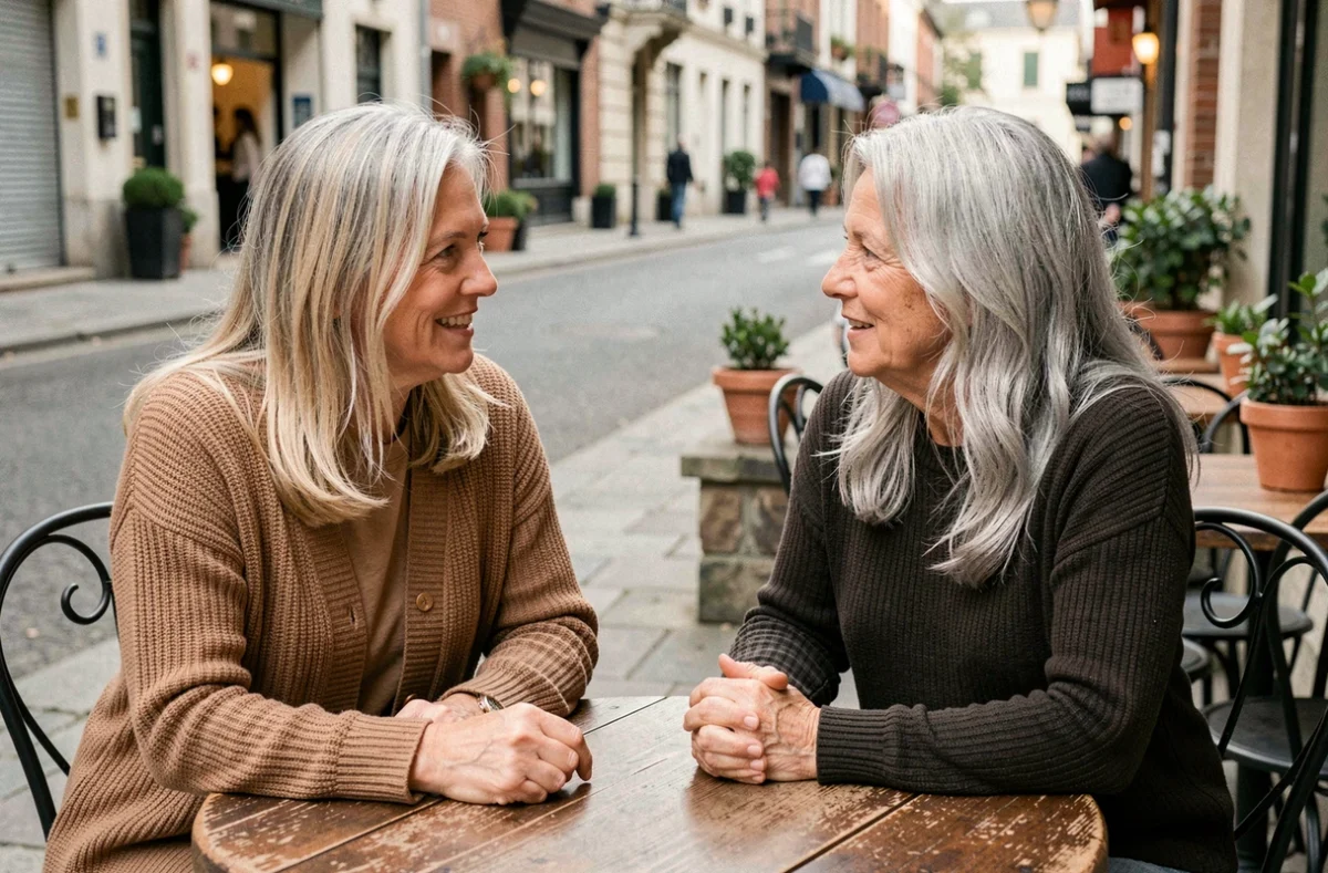 Deux femmes en terrasse de café montrant différentes étapes de la transition naturelle vers les cheveux blancs et gris