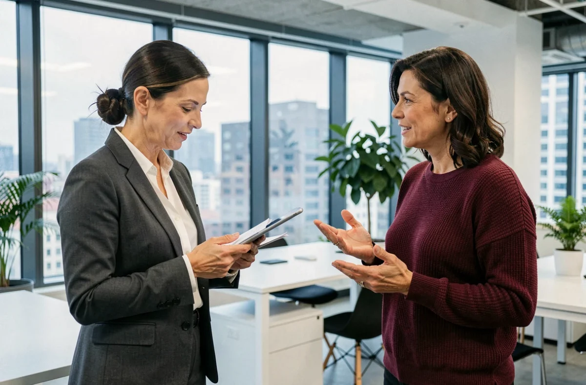 Deux femmes professionnelles en discussion dans un espace de coworking moderne, comparaison entre beauté connue et influence féminine