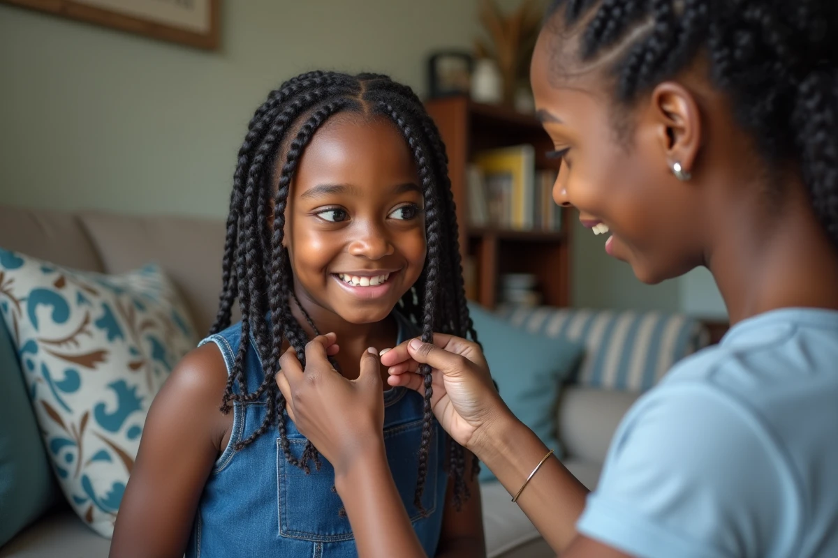 Fille preteen souriante avec sa mère coiffant ses cornrows