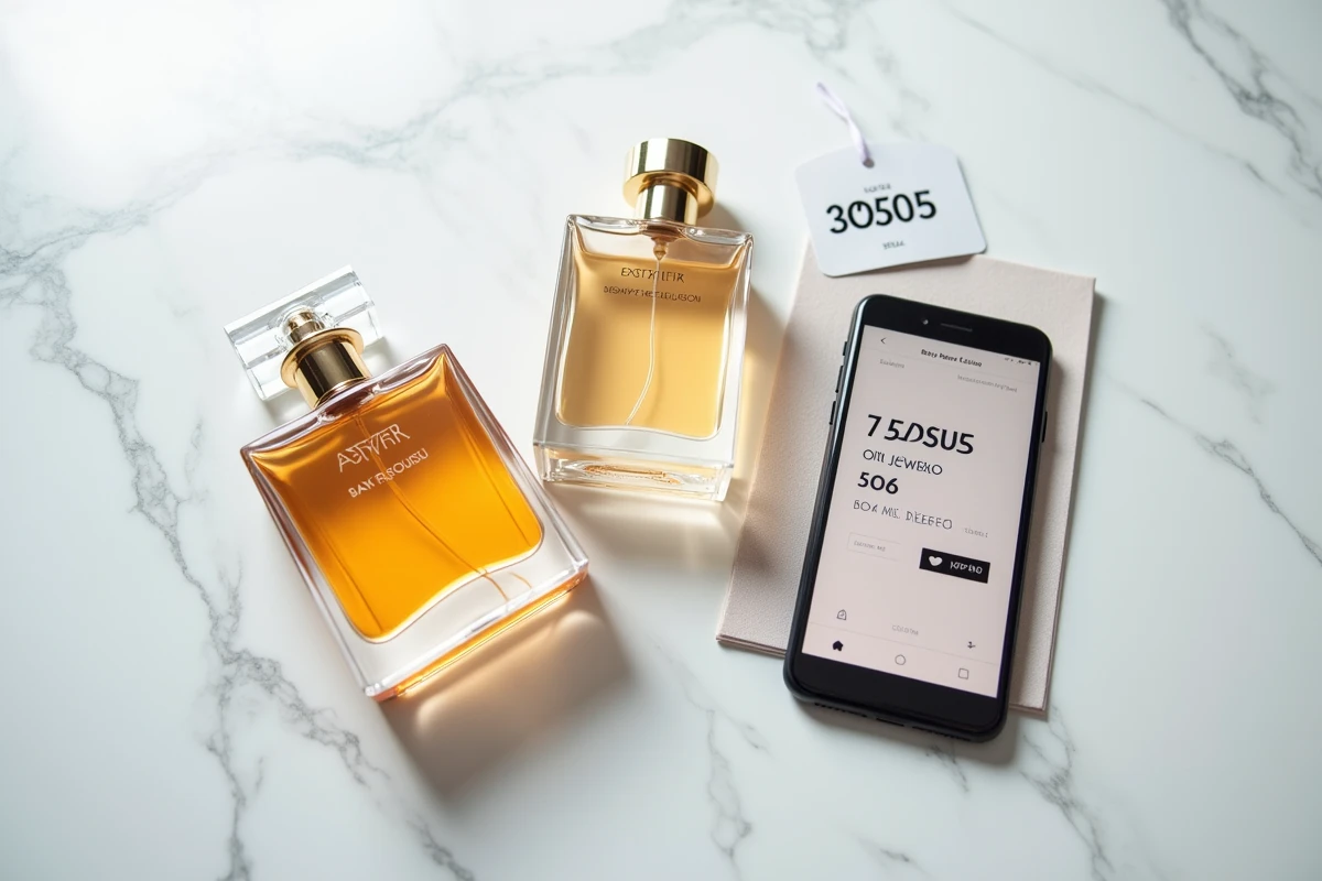 Flacons de parfums de luxe posés sur marbre blanc avec étiquette de prix et site de vente en ligne visible
