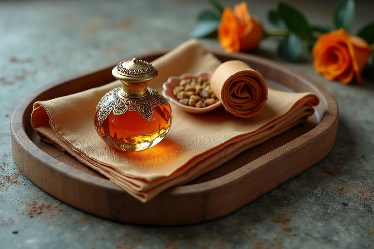 Flat lay d'un flacon de parfum Abdul Samad Al Oud sur plateau en bois avec soie brute et rose séchée, évoquant une routine olfactive quotidienne raffinée