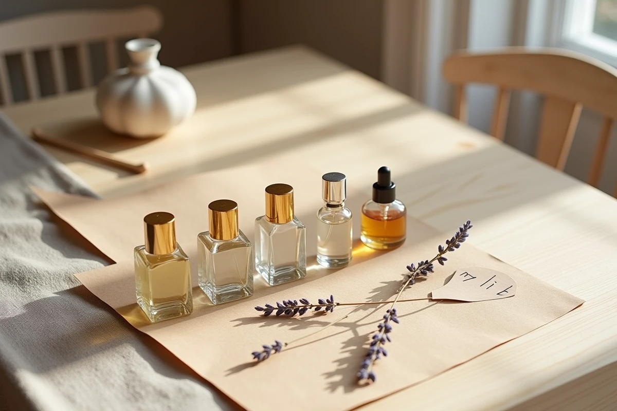 Flat lay de plusieurs flacons de parfum alternatifs disposés avec des fleurs séchées et une note manuscrite sur une table en bois clair