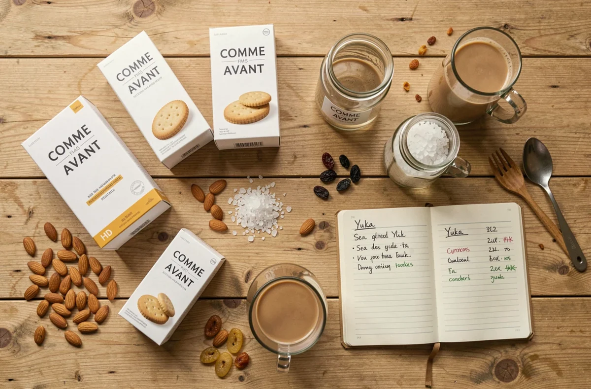 Flat lay de produits Comme Avant avec ingrédients naturels et notes Yuka sur une table en bois, idéal pour un comparatif produits bio