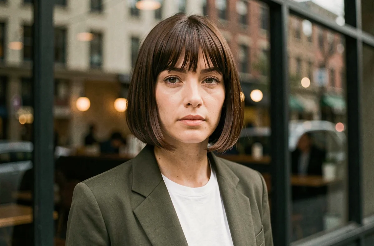Coiffure frange rideau brune sur carré plongeant, femme en blazer olive dans un café urbain