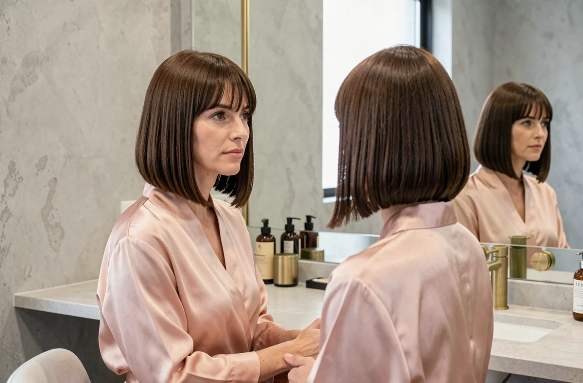 Femme aux cheveux bruns avec frange rideau et carré plongeant vue de face et de dos dans un miroir de salle de bain moderne