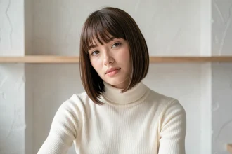 Femme avec frange rideau brune et carré plongeant moderne, portrait 3/4 en studio épuré