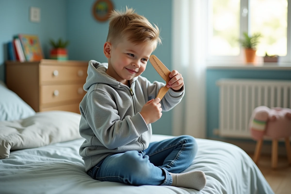 Garçon de 7 ans coiffant ses cheveux dans la chambre