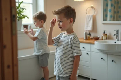 Garçon de 9 ans dans la salle de bain familiale