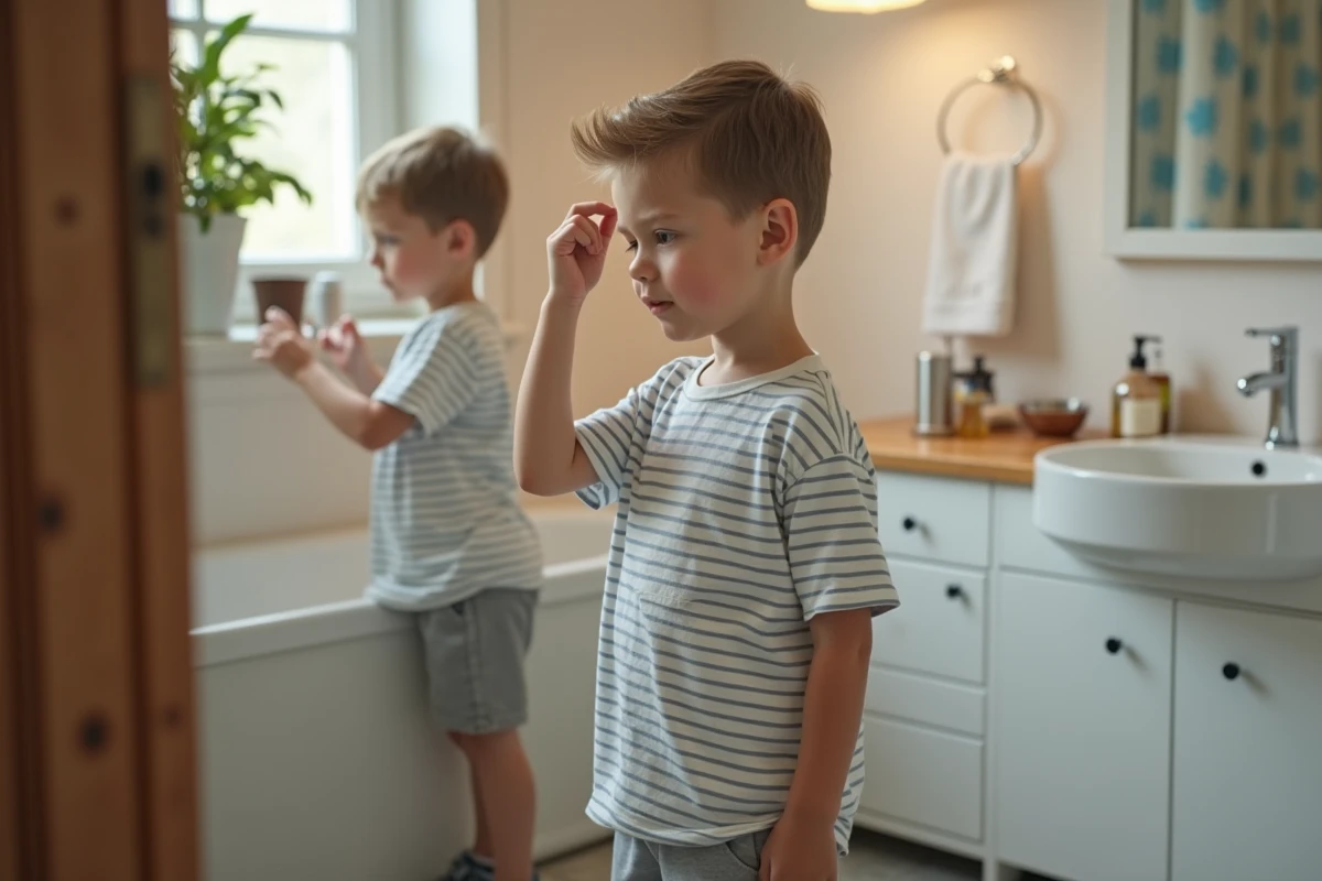 Garçon de 9 ans dans la salle de bain familiale