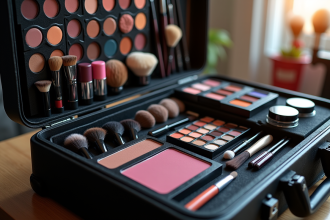 Valise de maquillage ouverte avec divers produits professionnels