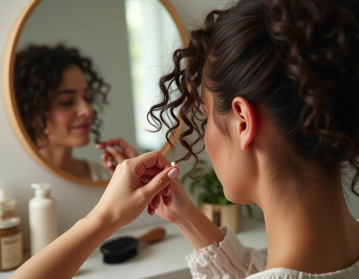 Gros plan sur des cheveux bouclés fins avec application de crème coiffante entre les doigts