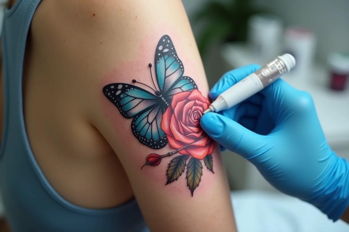 Gros plan sur un tatouage couleur en cours de détatouage laser avec effet de fading visible sur la peau