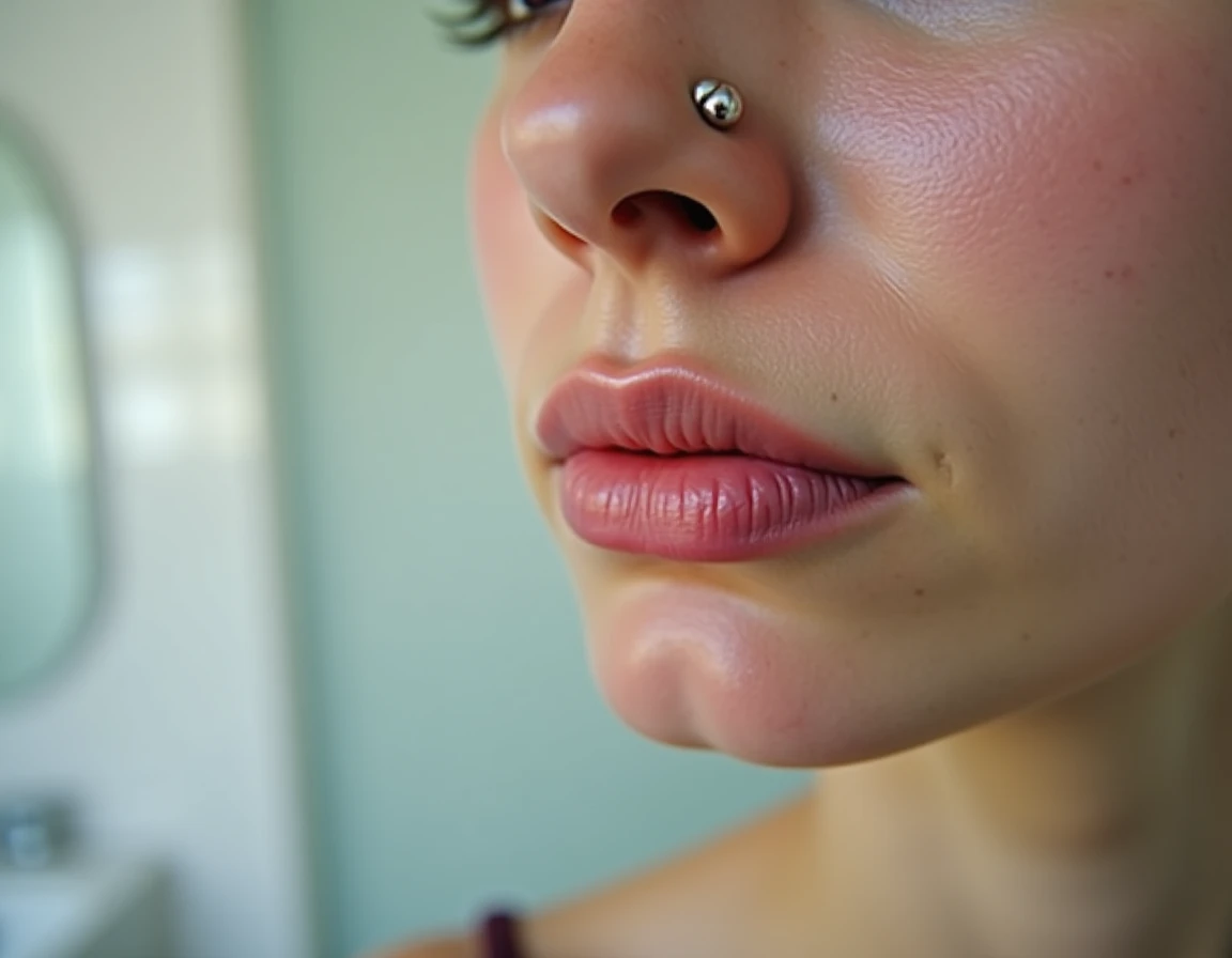 Gros plan d'un piercing nez avec rougeur et signes de rejet sur une peau naturelle non retouchée