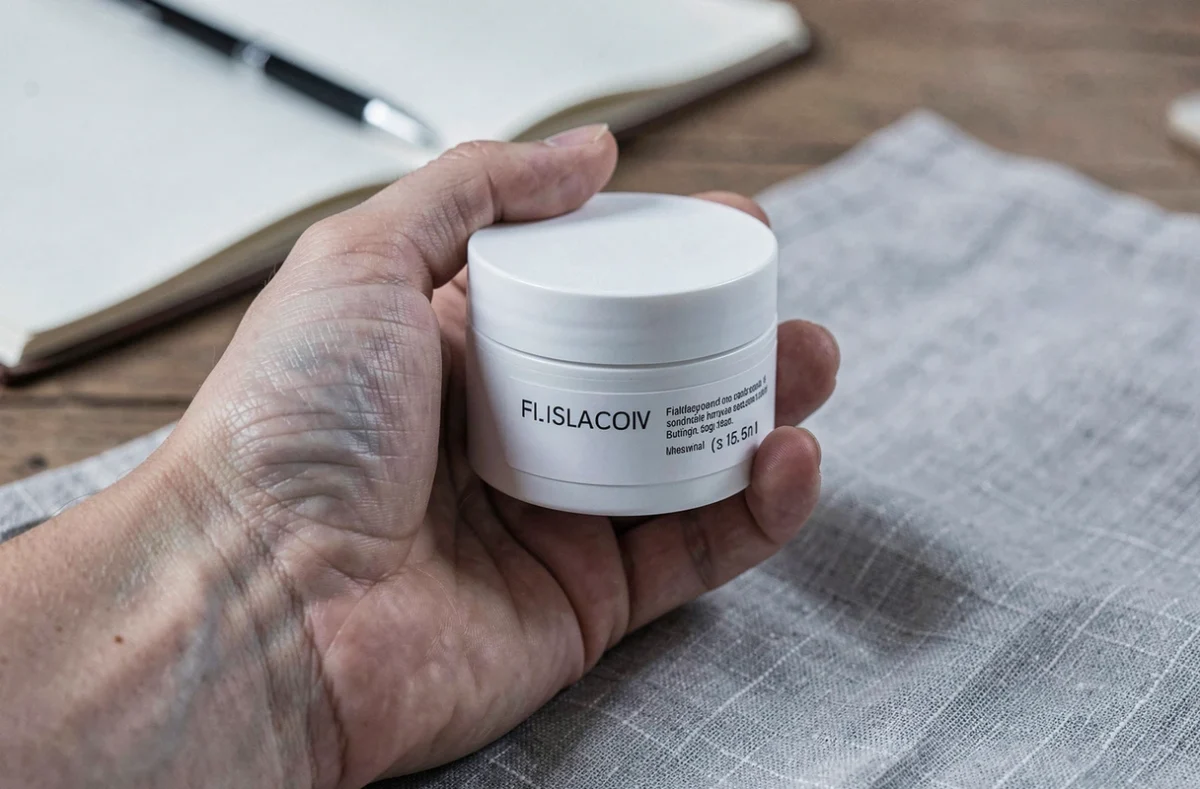 Gros plan d'une main tenant un pot de crème de soin pour la peau posé sur une surface en lin gris clair
