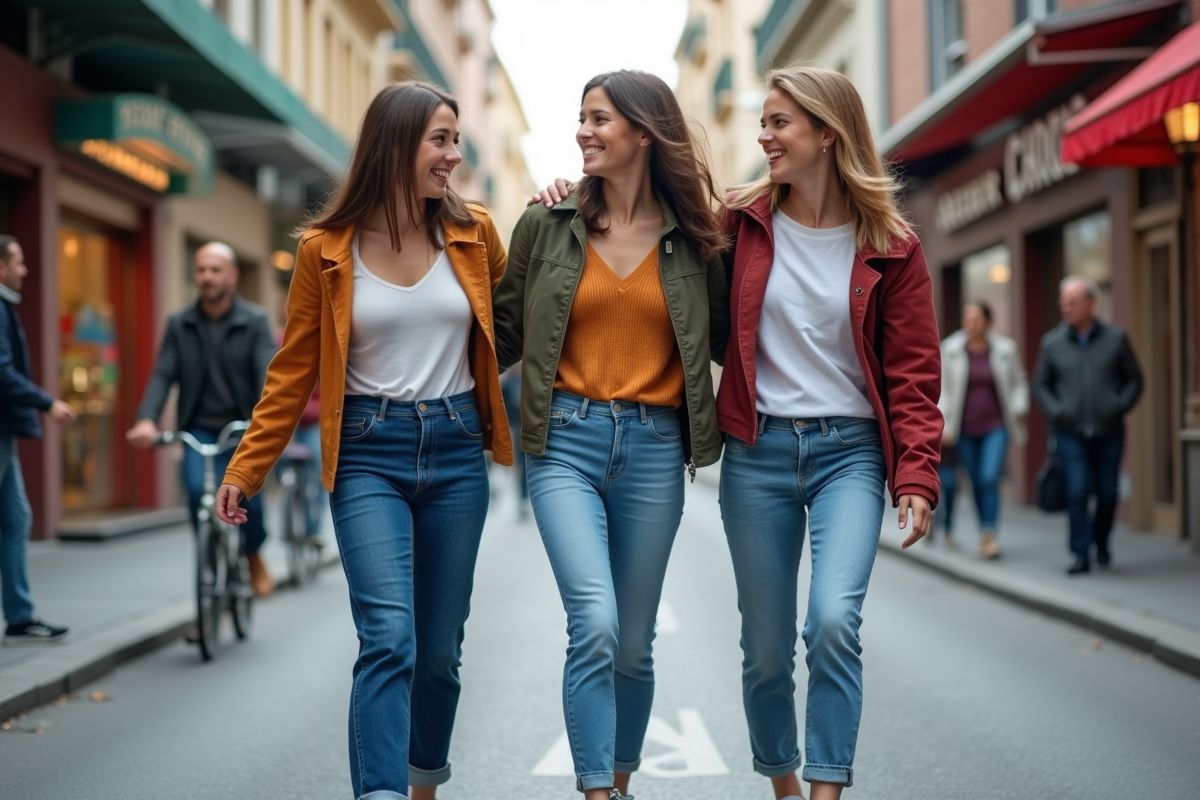 Trois jeunes amis marchant dans la ville en jeans tendance