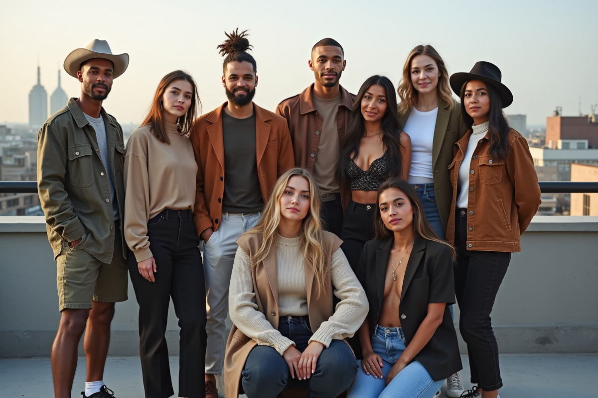 Groupe divers de models sur un toit urbain en journée