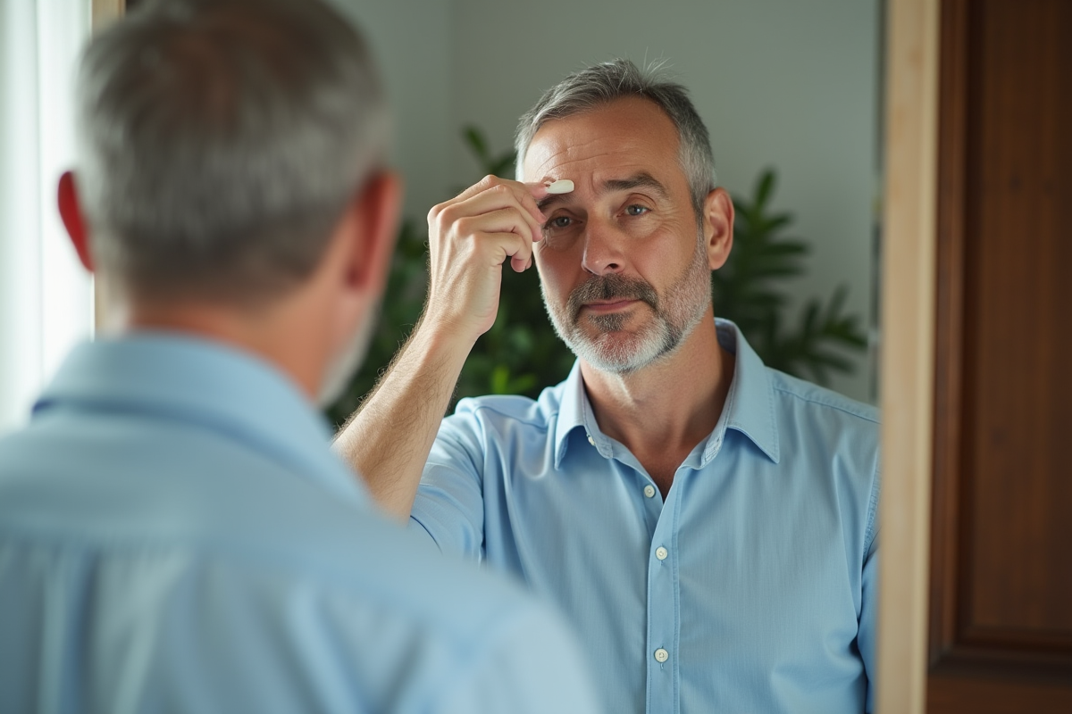 Homme appliquant du fond de teint sur le front dans la salle