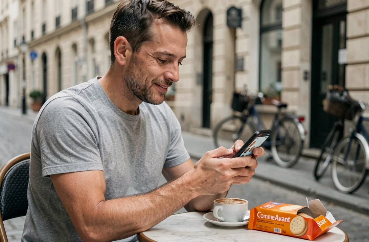 Homme consultant l'application Yuka sur son téléphone avec un produit Comme Avant posé sur une table de café en extérieur