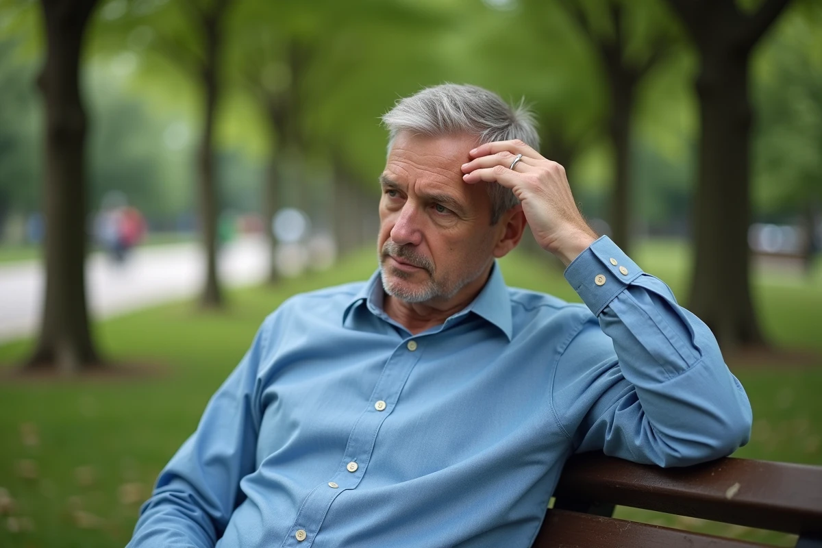 Homme en jean bleu assis sur un banc dans un parc verdoyant