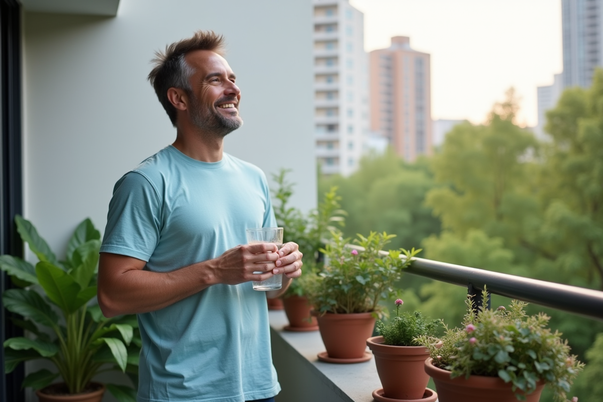 Homme souriant sur balcon entouré de plantes vertes