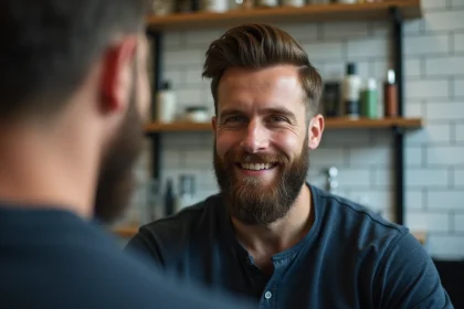 Homme dans un salon de barbier examinant sa barbe en pleine pousse dans un miroir