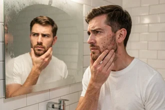 Homme examinant sa barbe naissante et clairsemée dans le miroir de sa salle de bain
