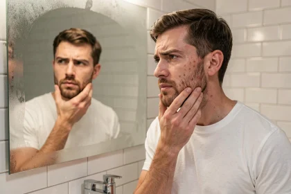 Homme examinant sa barbe naissante et clairsemée dans le miroir de sa salle de bain